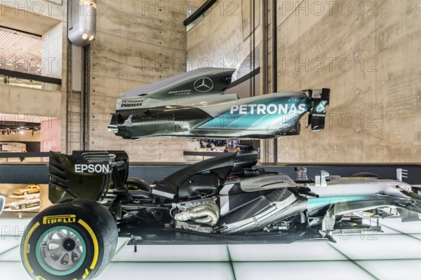 The Mercedes-Benz Museum in Stuttgart presents a journey through the automotive history of the global corporation. Myth 7: Racing cars and Silver Arrows - races and records. The history of the Mercedes star begins with the first automobile in 1886. Stuttgart, Baden-Württemberg, Germany