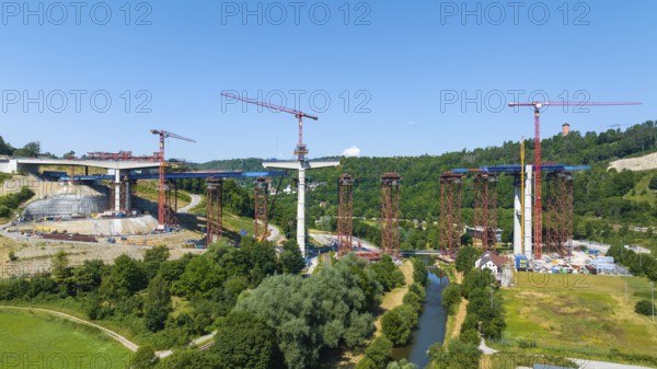Horb high bridge construction site. Once completed in 2028, the bridge will relieve the town of Horb of through traffic. The 667-metre-long and up to 90-metre-high Neckar Valley Bridge on the B 32 federal road is set to cost around 167 million euros. Horb, Baden-Württemberg, Germany