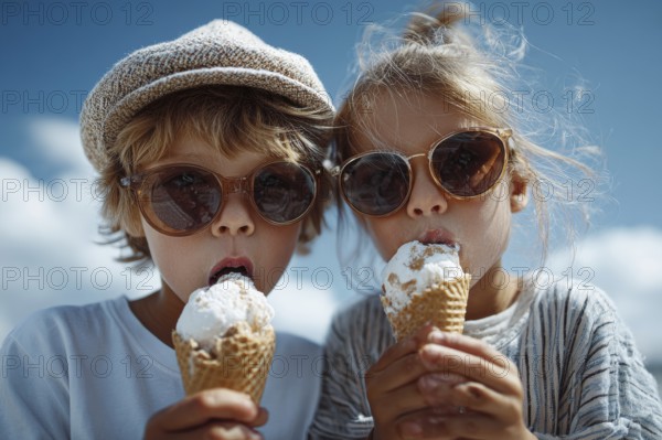 Closeup of a portrait of a children eating ice cream in hot summer day. Happy playful smiling children, AI generated