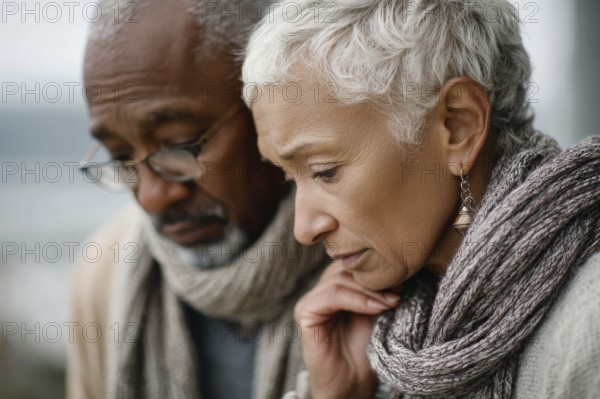 Senior couple grieving. Senior couple with health concerns or trouble in their lives or family, AI generated
