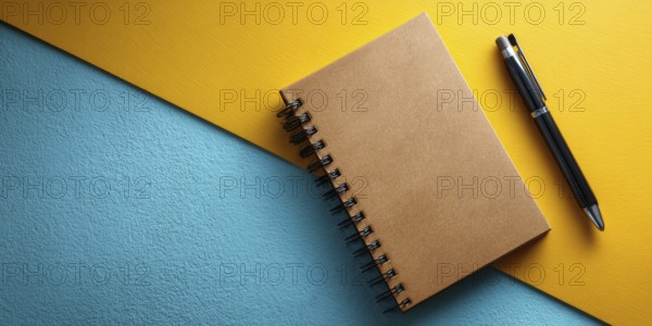 Minimalistic flat lay of office workflow productivity tools that improve efficiency and saving time and resources. Pen and notebook, AI generated