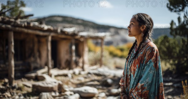 Beautiful and attractive native indigenous north american woman in first nation clothes in authentic nature surrounding, AI generated