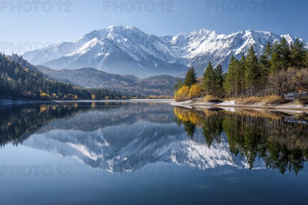 Alpine snow-peaked mountain landscape with trees reflecting in the water of pristine lake, AI generated
