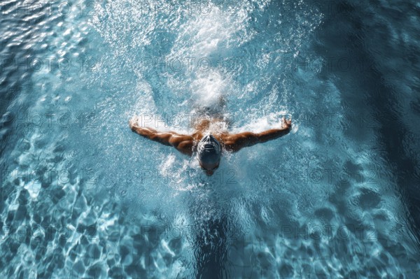 Muscular young swimmer swims in the lane. Concept of having purpose and determination and reaching objective. Healthy lifestyle and exercise, AI generated