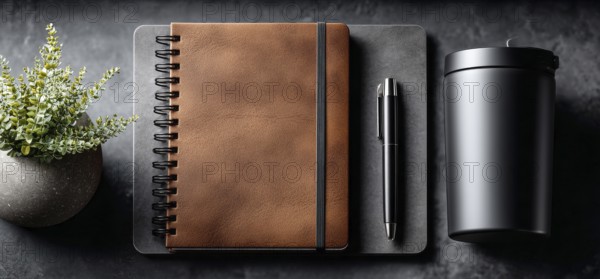 Minimalistic flat lay of office workflow productivity tools that improve efficiency and saving time and resources. Pen and notebook, AI generated