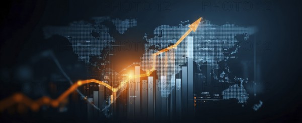 Stock market and economy growth trend fluctuations. Advanced graph business analytic tool that shows economy trends and charts in international global commerce, AI generated