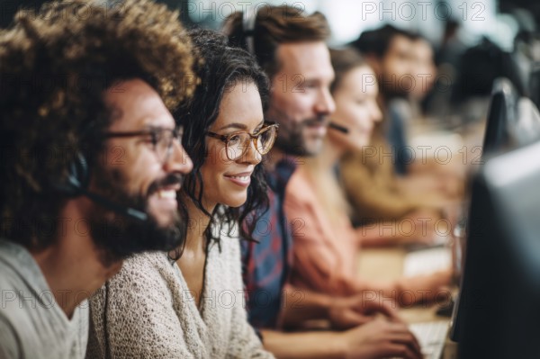 Diverse employees in corporate environment support center analyzing data and helping customers to resolve issues, AI generated