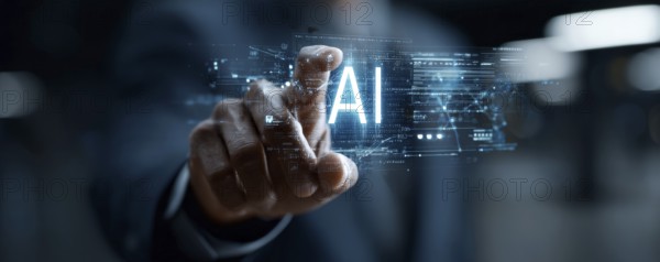 Concept of human and AI Artificial intelligence cooperation and coexisting while increasing prodConcept of human and AI Artificial intelligence cooperation and coexisting while increasing productivity in corporate environment. Power of AI and cloud data centers.uctivity in corporate environment, AI generated
