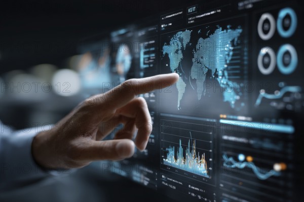 Stock market and economy growth trend fluctuations. Stock broker tracking recession or growth displayed on advanced graph business analytic tool, AI generated