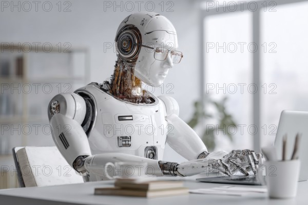 Concept of human and AI Artificial intelligence cooperation and coexisting while increasing productivity in corporate environment, AI generated