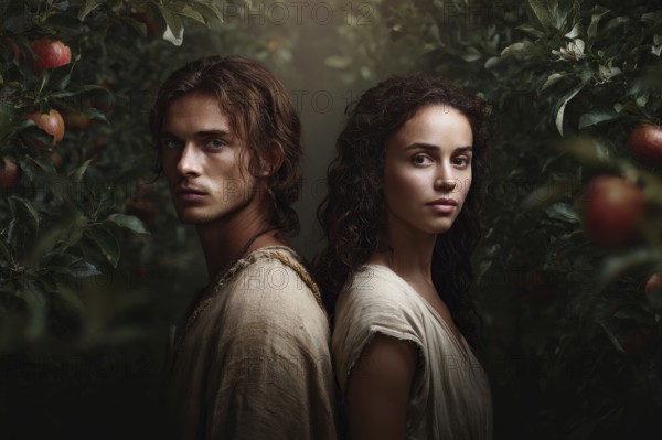 Bible story of Adam and Eve in Paradise Garden of Eden. Legend of Original sin and Temptation. Place of perfection for humans until the expulsion happened, AI generated