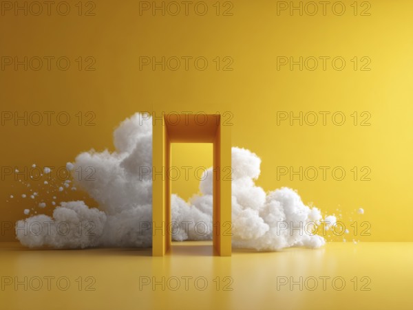 Abstract minimal yellow background with white clouds flying out the tunnel. Entrance to heavens, AI generated