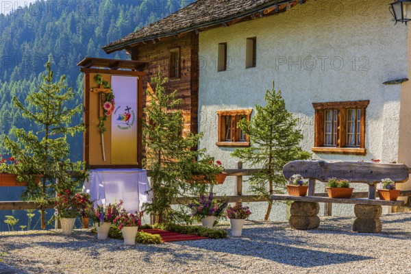 Flower-decorated altar for the Corpus Christi procession, historic village centre, Grimentz, Val d'Anniviers, Valais Alps, Canton Valais, Switzerland