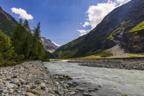 Torrential mountain stream La Navisence in the Zinal valley, Val d'Anniviers, Valais Alps, Canton Valais, Switzerland