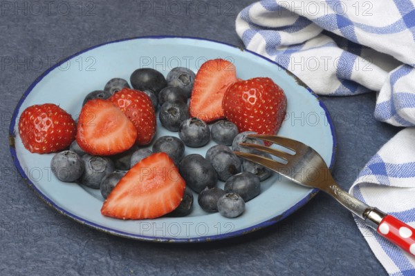 Plate with strawberries and blueberries, Fragaria, Vaccinium