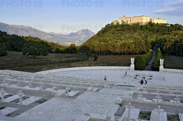 Cemetery of Polish soldiers, World War II military cemetery, memorial site under the Benedictine Abbey of Montecassino on Monte Cassino, Cassino, Frosinone, Lazio, Italy