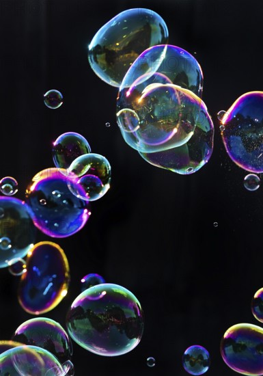 Iridescent soap bubbles in the colours of the rainbow against a black background, Recklinghausen, North Rhine-Westphalia, Germany