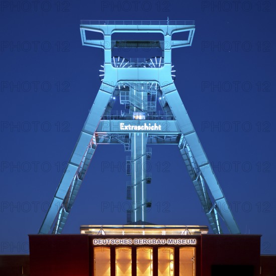 Illuminated headframe of the German Mining Museum at Extraschicht, Bochum, Ruhr area, North Rhine-Westphalia, Germany