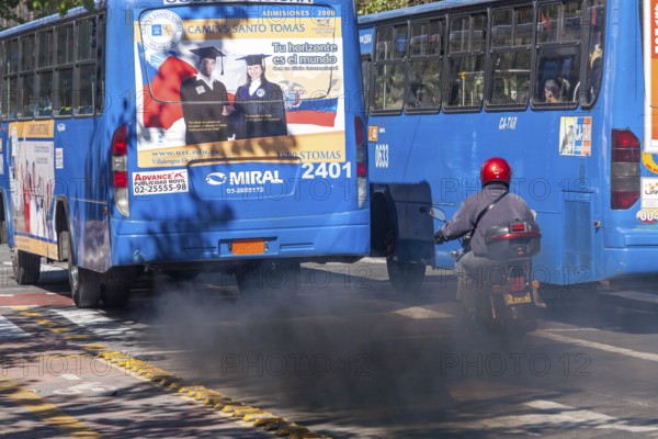 Buses in motion emitting pollution, City of Quito. Pichincha province, Ecuador, South America
