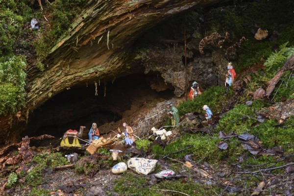 Mysterious cot, Christmas cot in natural surroundings, hidden in the forest, artists have built the cot in the middle of the forest in the Schiberg in Balve at Christmas time, Balver Wald, Sauerland, N, North Rhine-Westphalia, Germany, Western Europe