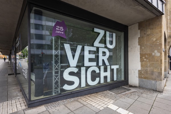 Baden-Württemberg Foundation. Exterior view of the building with logo and claim: German Zuversicht entsteht im Südwesten. Stuttgart, Baden-Württemberg, Germany