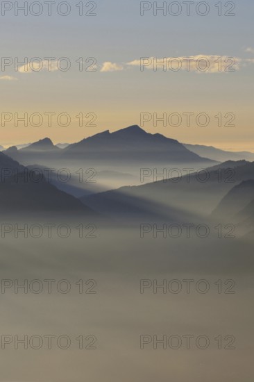 Grazing light in the mountains... Alpine panorama, Alpine peaks and mountain ranges in the Bavarian Alps in late light with low sun, romantic view from Oberstdorf towards Kleinwalsertal, local nature, Bavaria, Allgäu, Allgäu Alps, Bavarian Alps, Germany, Western Europe
