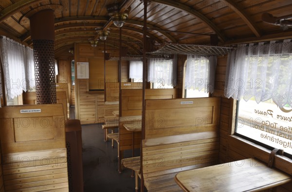 Buffet car, dining car of the Raging Roland on Rügen, Mecklenburg-Western Pomerania, Germany