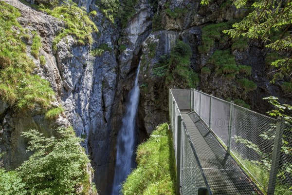 Dietersbach waterfall with viewing platform, Hölltobel, between Gerstruben and Gottenried, near Oberstdorf, Oberallgäu, Allgäu, Bavaria, Germany