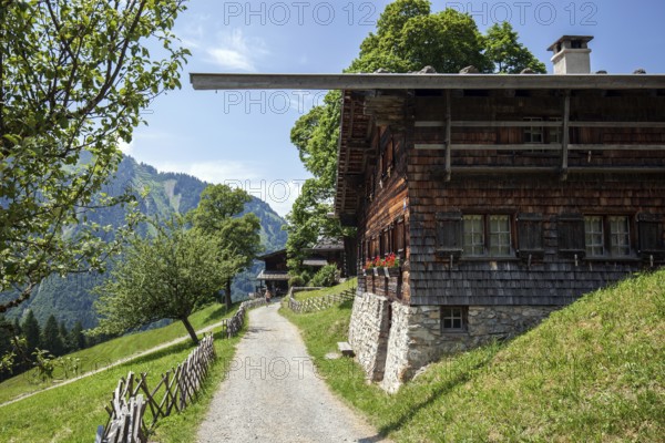 Old farmhouses in the historic mountain farming village of Gerstruben, Dietersbachtal, near Oberstdorf, Allgäu Alps, Oberallgäu, Allgäu, Bavaria, Germany