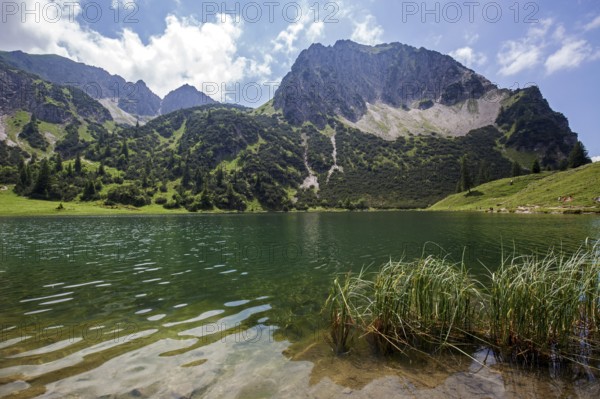 Lower Gaißalpsee, behind Rubihorn, near Oberstdorf, Oberallgäu, Allgäu Alps, Allgäu, Bavaria, Germany