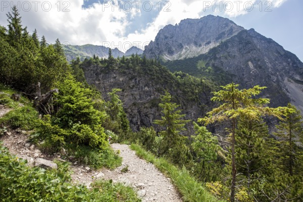 Hiking trail from Gaißalpe to Unterer Gaißalpsee, behind Rubihorn, near Oberstdorf, Oberallgäu, Allgäu Alps, Allgäu, Bavaria, Germany