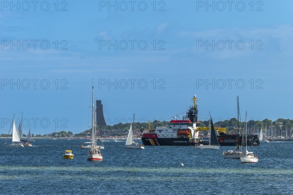 Windjammer parade 2025 on the Kiel Fjord at the end of the Kiel Week, tall ships, three-master, sail training ship Gorch Fock, Arkona coast guard ship, maritime police, Laboe marina, naval memorial, spectators, Falkenstein beach life, lighthouse, summer weather, sunshine, forest, Kiel, Schleswig-Holstein, Germany