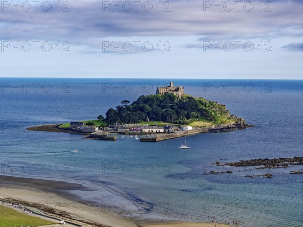 Saint Michael's Mount off the English coast in the English Channel. Marazion, Cornwall, South West England, Great Britain