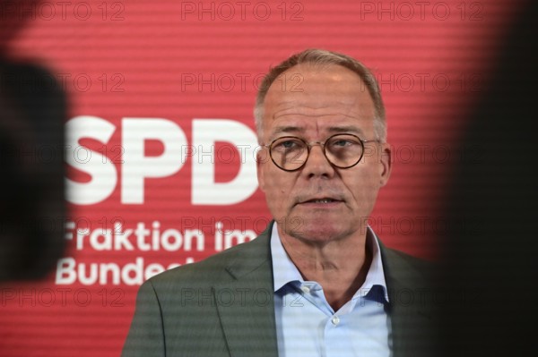 Matthias Miersch, Chairman of the SPD parliamentary group, at the press statement in front of the parliamentary group meeting room in the Reichstag