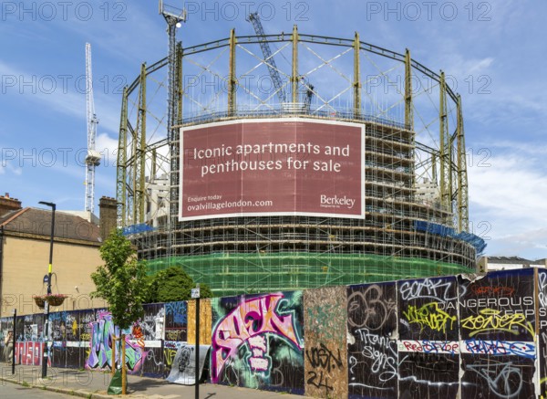 Construction project new apartments The Halo development inside Victorian gasometer, Oval Village by Berkeley, Vauxhall, Lambeth, London, England, UK