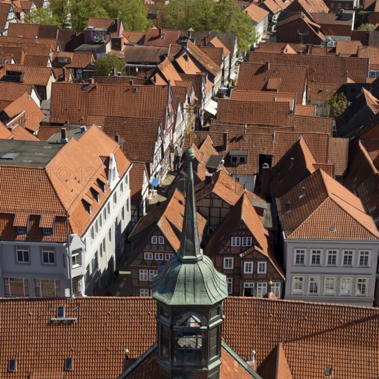 View from the town church tower over the roofs of the historic old town with its four hundred half-timbered houses, Celle, Lower Saxony, Germany