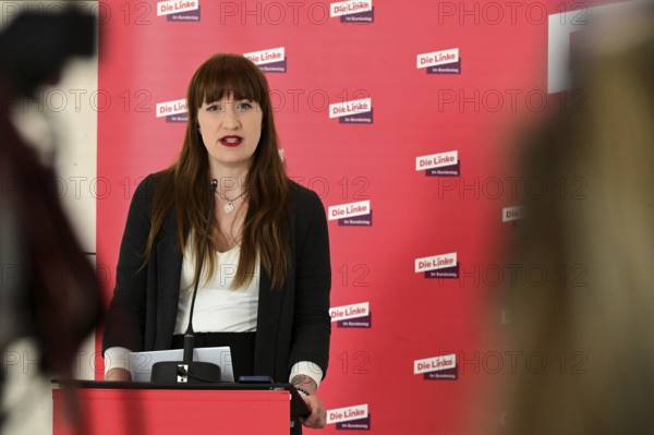 Heide Reichinnek and Sören Pellmann, leaders of the Left Party parliamentary group in the German Bundestag, at the weekly press statement in front of the parliamentary group meeting room in the Reichstag building