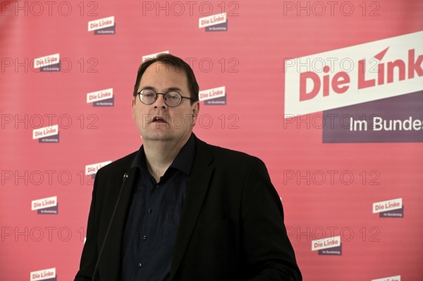 Sören Pellmann, Co-Chairman of the Left Party parliamentary group in the Bundestag, at the weekly press statement in front of the parliamentary group meeting room in the Reichstag building
