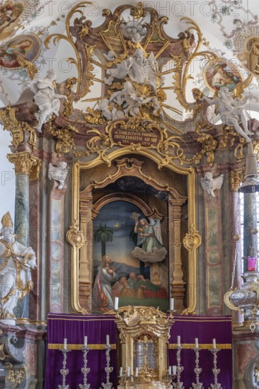 Backdrop altar in the baroque church of St Peter and Paul, Thalstr .31, Peterstahl, Oy Mittelberg, Oberallgaü, Bavaria, Germany