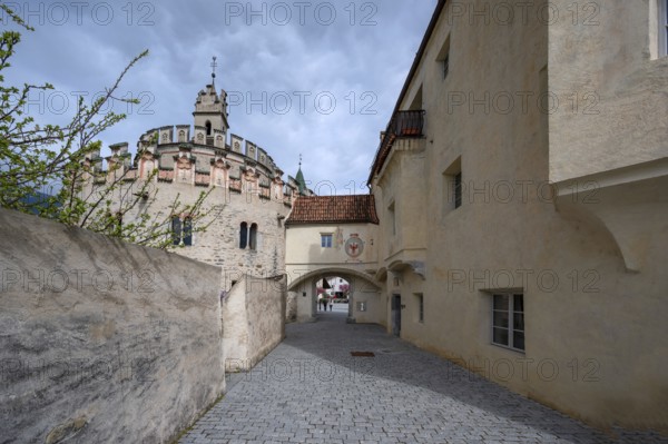Left: Castel Sant'Angelo, Romanesque around 1200, Castel Saint Angelo, Neustift St Margarethen monastery, Vahrn, Bolzano district, South Tyrol, Italy