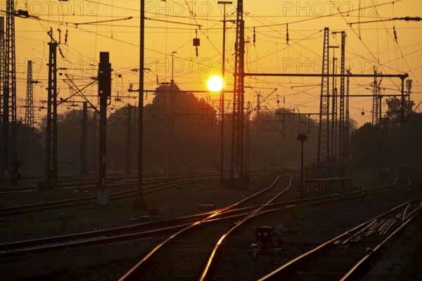 Railway tracks at sunrise, Central Station, Dortmund, Ruhr Area, Germany