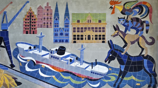 Wall mosaic, 1950s in the reception hall, detail of the advertising space for Martin Brinkmann AG with Town Musicians, Bremen Central Station, Germany