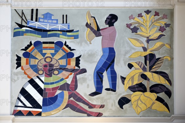 Wall mosaic, 1950s in the reception hall, detail of the advertising space for Martin Brinkmann AG, Bremen Central Station, Germany