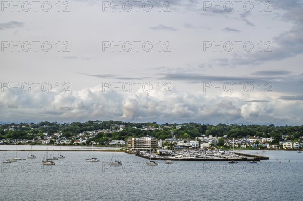 Yachts over Ramshorn Lake and Poole, Brownsea, Dorset, England, United Kingdom