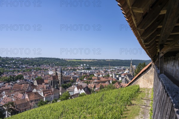 View from the Seilergang, defence wall of Esslingen Castle, down to the old town of Esslingen with the Zwiling towers of the town church of St. Dionys, Esslingen am Neckar, district of Esslingen, Baden-Württemberg, Germany