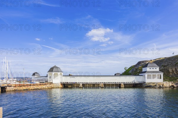 Picturesque view of the Kallbadhus, the cold bathhouse of Lysekil, Bohuslän, Västra Götalands län, Sweden, Scandinavia