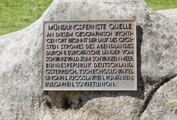 Information board at the source of the Breg, the furthest source of the Danube at the Kolmenhof in Furtwangen in the Black Forest, Baden-Württemberg, Germany