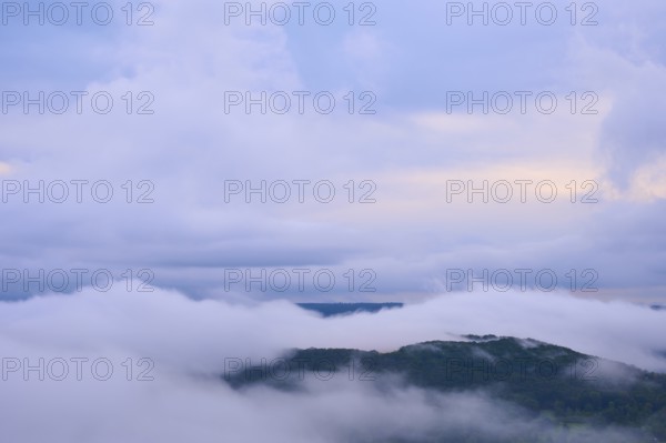 Dense fog over a hilly landscape with colourful morning sky and clouds, summer, Rhine bend Boppard, Gedeonseck, Boppard, Rhine, Rhine-Hunsrück district, Rhineland-Palatinate, Germany