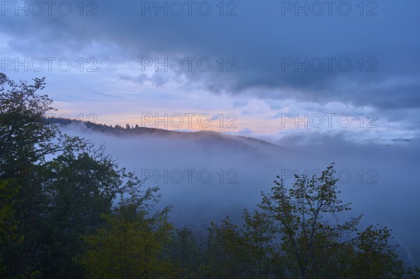 Trees and hills emerge from the mist, the sky is bathed in soft morning colours, summer, Rhine bend Boppard, Gedeonseck, Boppard, Rhine, Rhine-Hunsrück district, Rhineland-Palatinate, Germany