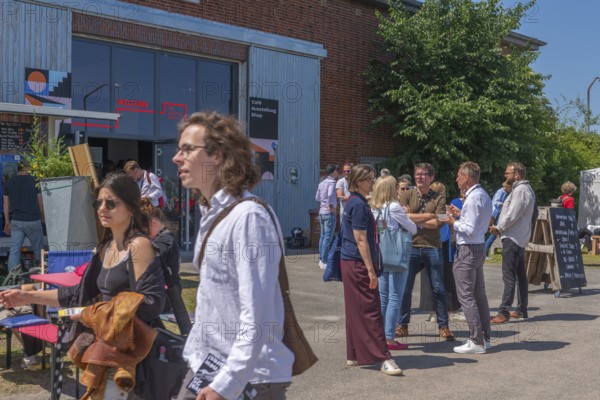 Waterkant Festival 25 in front of Kiel Week 2025 on the MGF 5 site on the Kiel Fjord, annual meeting place for founders of start-up companies with innovative ideas for new technologies, ecology and society, workshops and exhibitions, Kiel Holtenau, Schleswig-Holstein, Germany